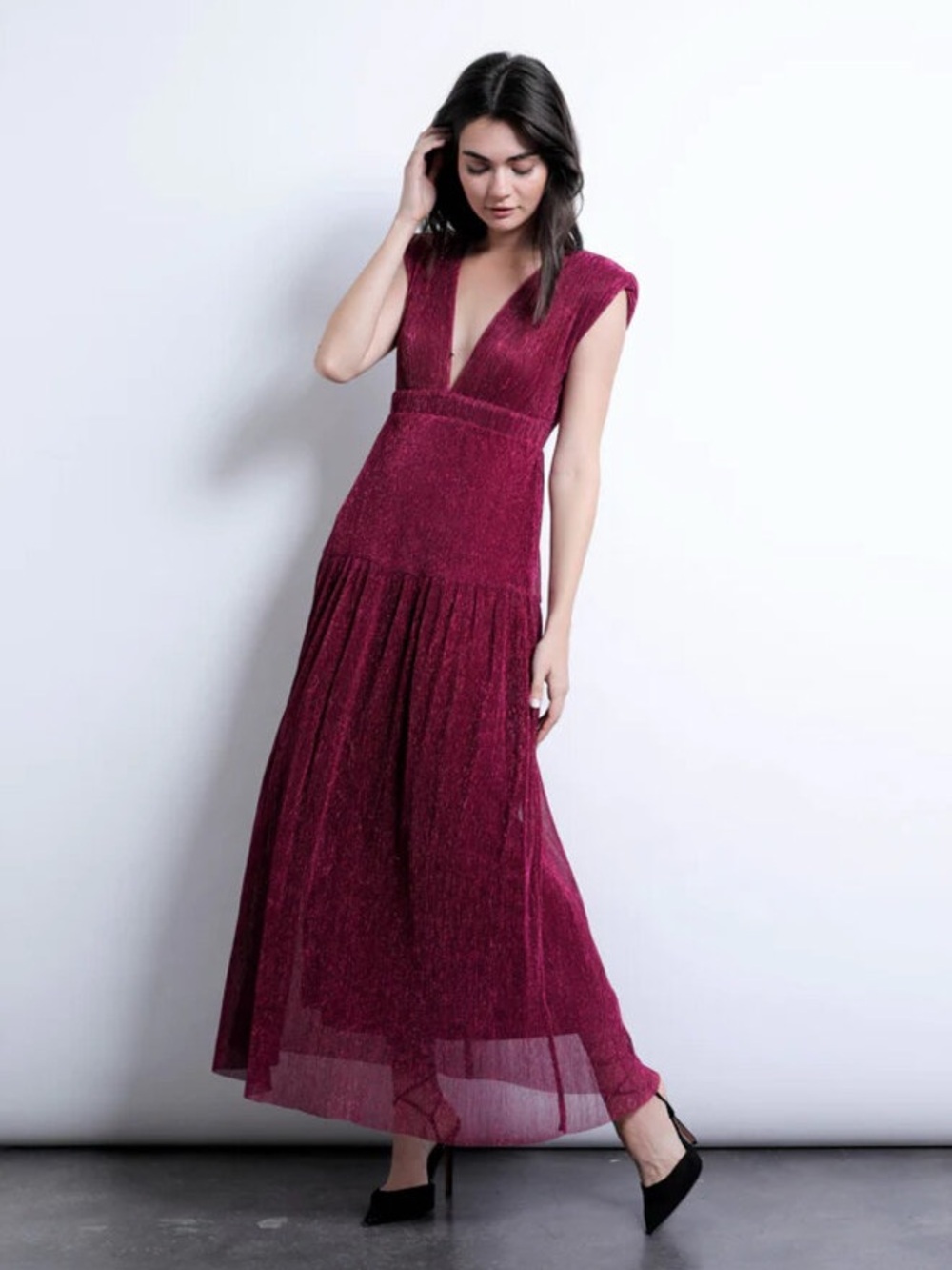 Karina Grimaldi Magenta Shimmer Maxi Dress / Elegant Deep V Formal Dress Size M